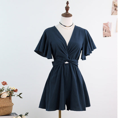 Wide-Leg Romper with V-Neck and Flutter Sleeves
