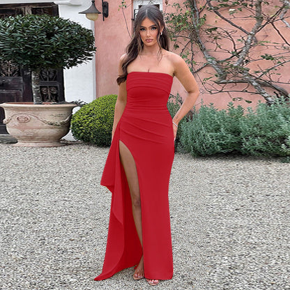 Elegant Slim Fit Tube Top Knitted Dress With Slit Black
