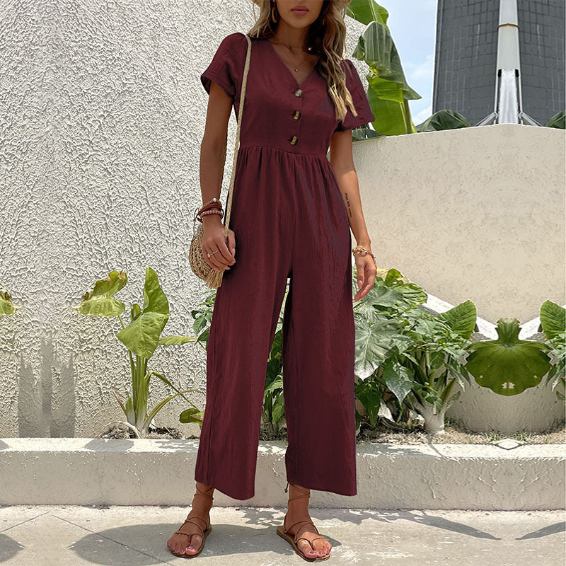 High-Waist Cropped Jumpsuit with V-Neck and Puff Sleeves