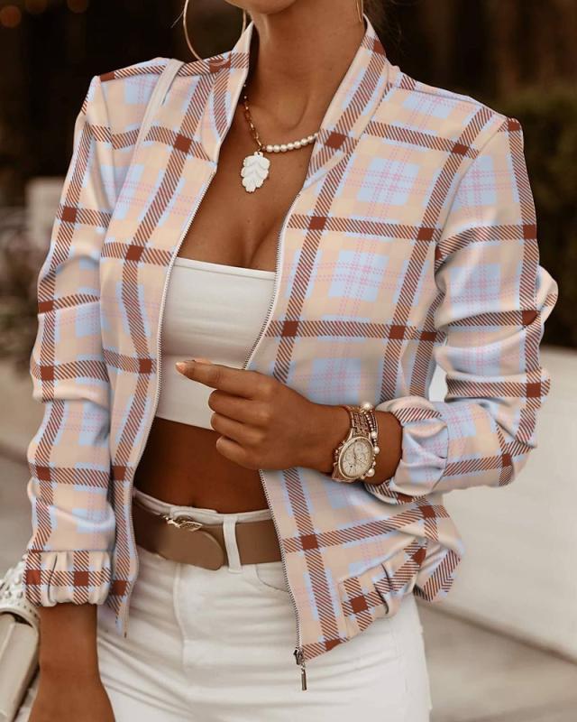 Collarless Printed Bomber Jacket with Zipper Front