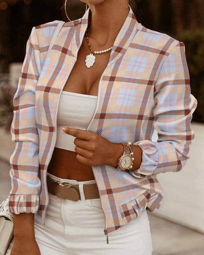 Collarless Printed Bomber Jacket with Zipper Front