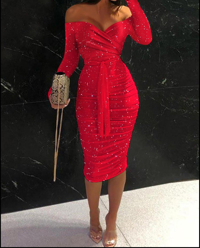 Glitter Bodycon Midi Dress with Off-Shoulder V-Neck and Ruched Detail