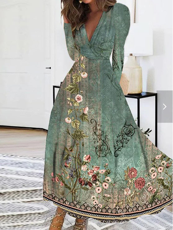 Floral Print Midi Dress with V-Neck and Long Sleeves