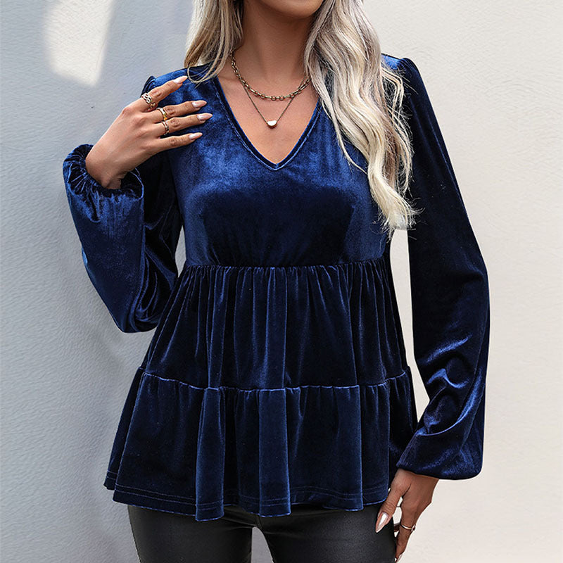 Velvet Blouse with V-Neck and Tiered Ruffle Hem