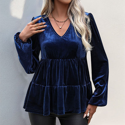Velvet Blouse with V-Neck and Tiered Ruffle Hem