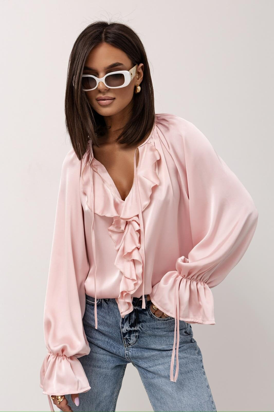 Silky Blouse with Ruffled V-Neck and Tie Cuffs