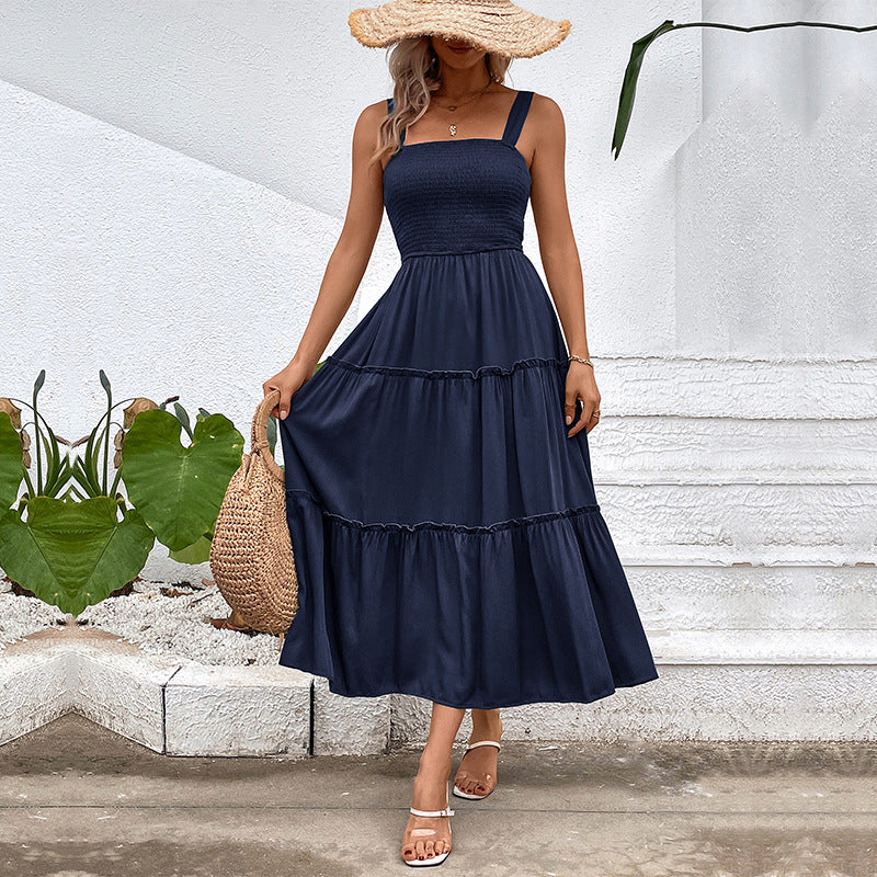 Solid A-Line Midi Dress with Smocked Bodice & Tiered Skirt