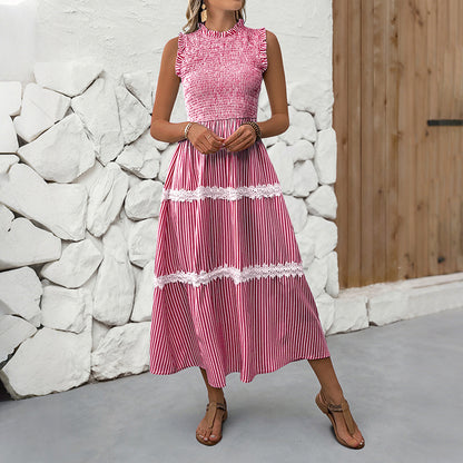 Striped A-Line Midi Dress with Smocked Bodice and Lace Trim