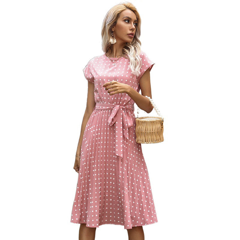 Polka Dot A-Line Midi Dress with Cap Sleeves and Tie Waist