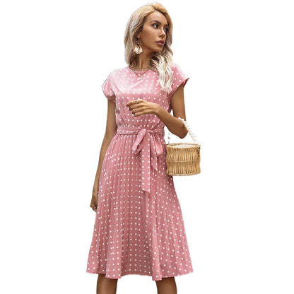 Polka Dot A-Line Midi Dress with Cap Sleeves and Tie Waist
