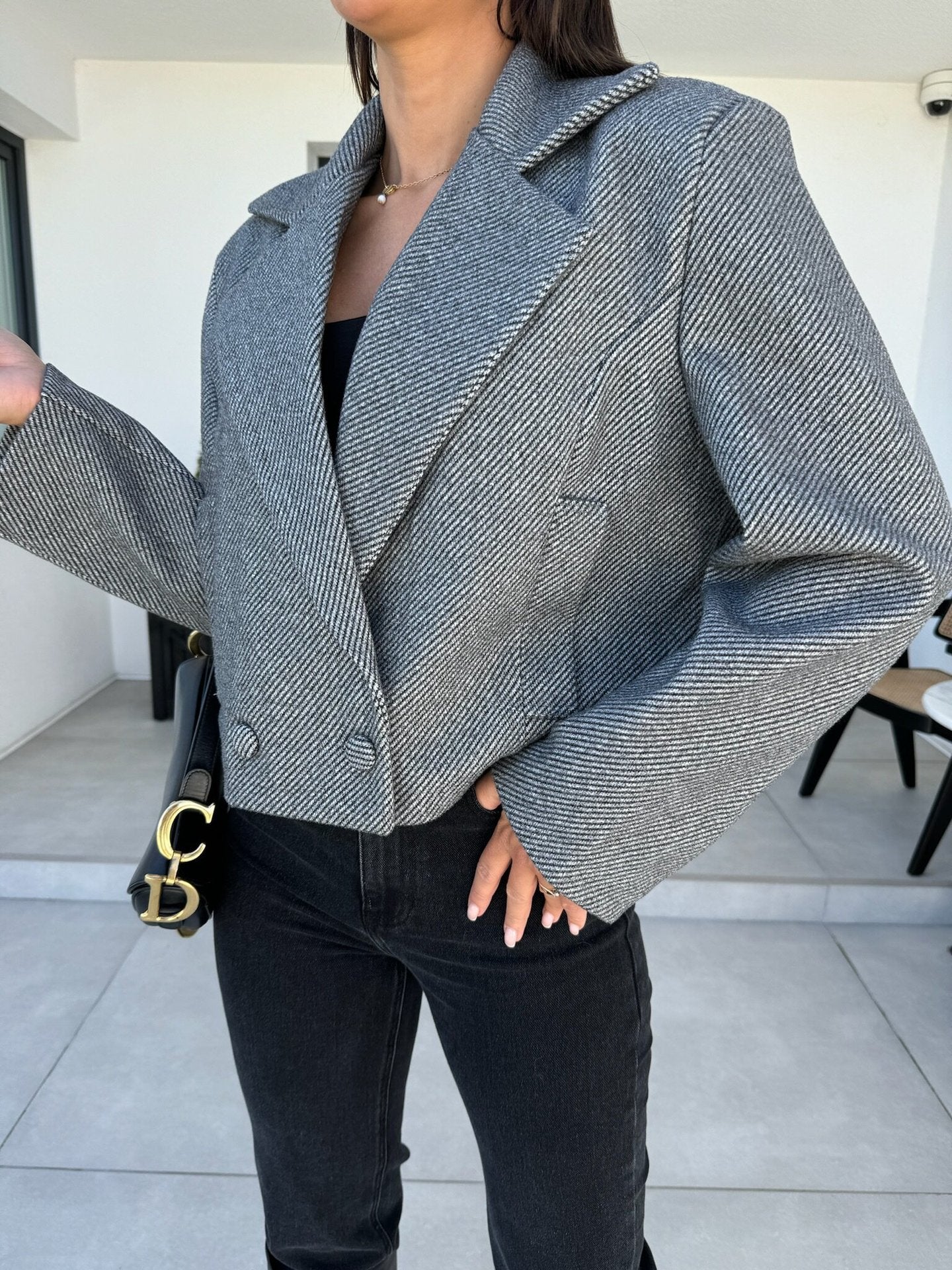 Solid Cropped Blazer with Suit Collar and Double-Breasted Front