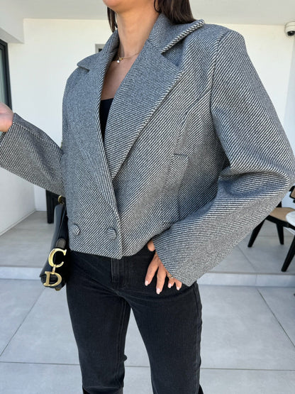 Solid Cropped Blazer with Suit Collar and Double-Breasted Front