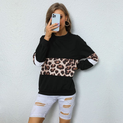Leopard Print Color Block Long-Sleeve Pullover