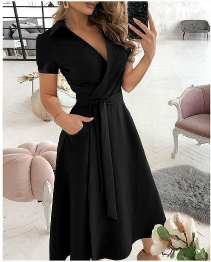 Solid Wrap Midi Dress with Collared V-Neck and Tie-Waist