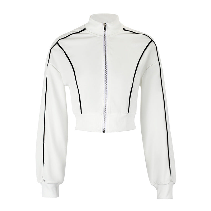 Cropped Track Jacket with Stand Collar and Contrast Piping