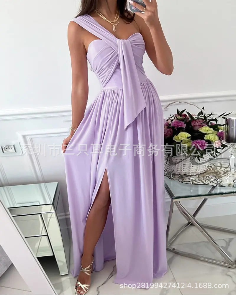 Solid Maxi Dress with One-Shoulder Knot Detail and Side Slit