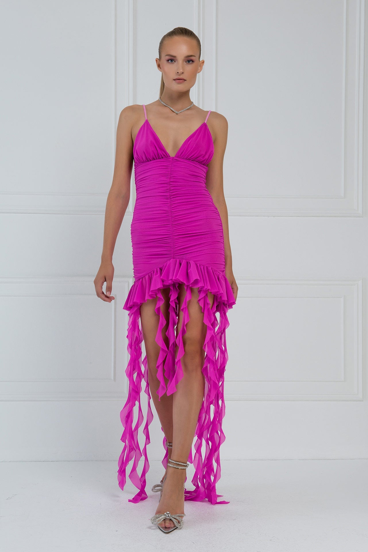 Ruched Bodycon Dress with Deep V-Neck and Fringe Hem