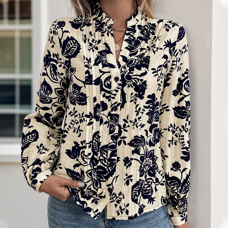 Floral Print Shirt with Stand Collar and Pleated Front