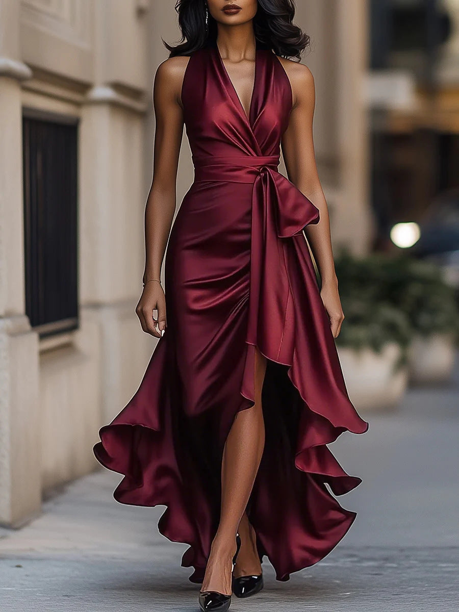 Satin Halter V-Neck Dress with Ruffled High-Low Hem