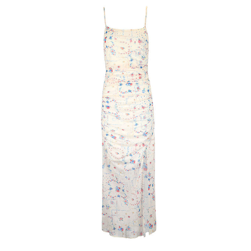 Floral Printed Bodycon Maxi Dress with Ruched Front and Slit