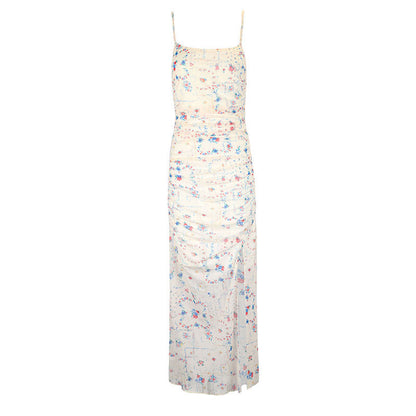 Floral Printed Bodycon Maxi Dress with Ruched Front and Slit