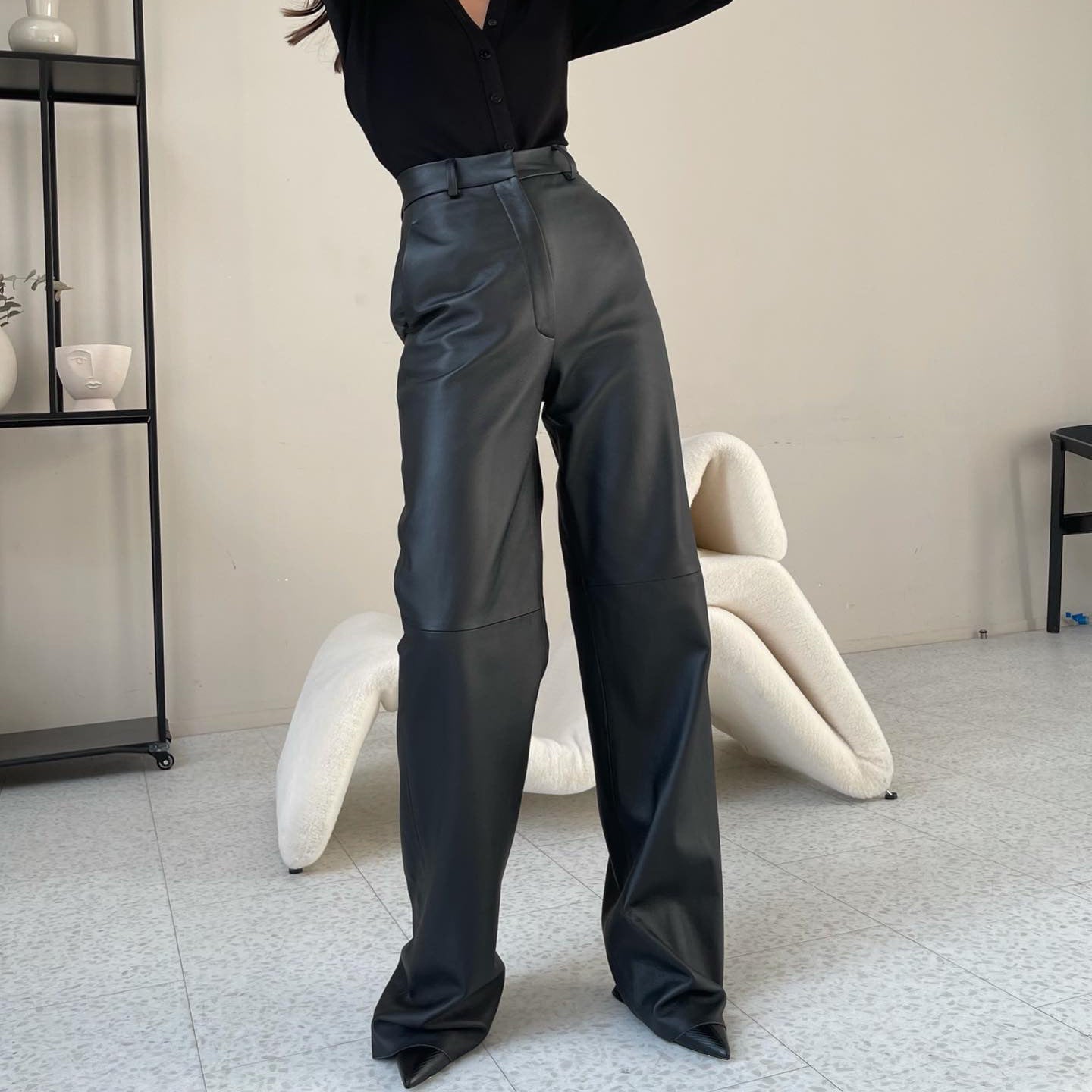 High-Waist Straight-Leg Trousers in PU Leather