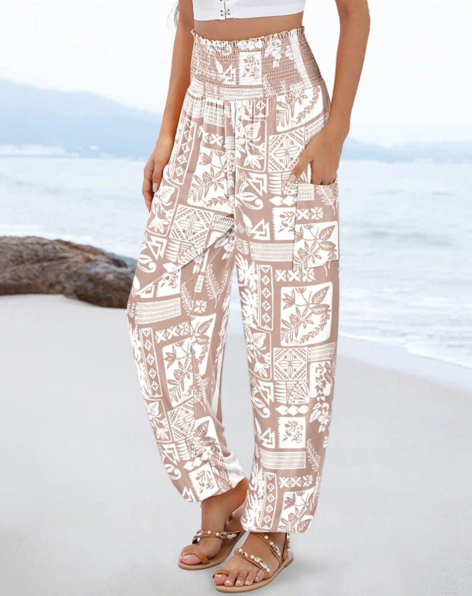 Bohemian Print Harem Pants with Smocked High Waist