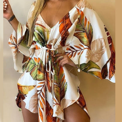 Printed Tunic Dress with V-Neck and Batwing Sleeves