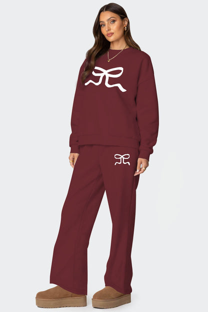 Oversized Sweatshirt and Wide-Leg Pants Set with Bow Print