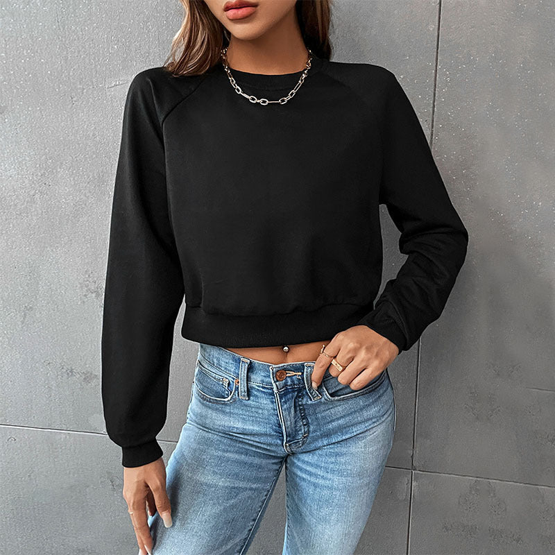 Solid Crewneck Cropped Sweatshirt with Raglan Sleeves