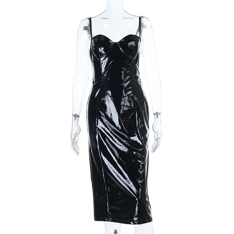 Bodycon PU Leather Midi Dress with Bustier Neckline