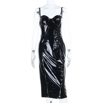 Bodycon PU Leather Midi Dress with Bustier Neckline
