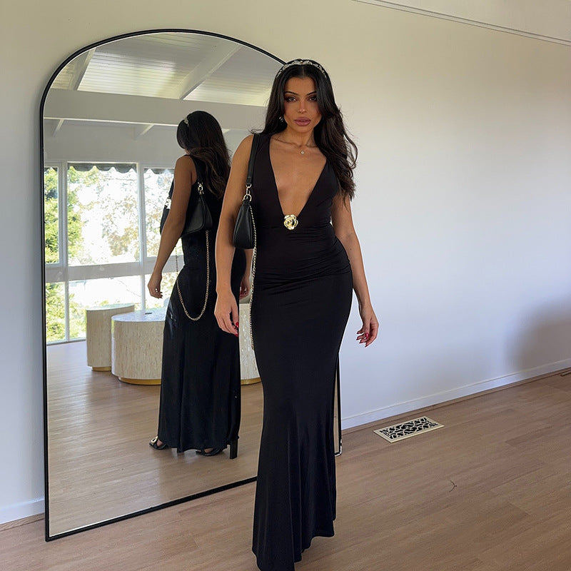Elegant Slim Fit Deep V Dress Black