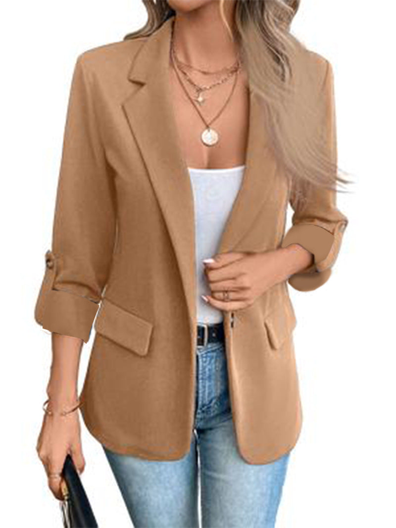 Solid Blazer with Notched Lapel and Rolled Sleeves