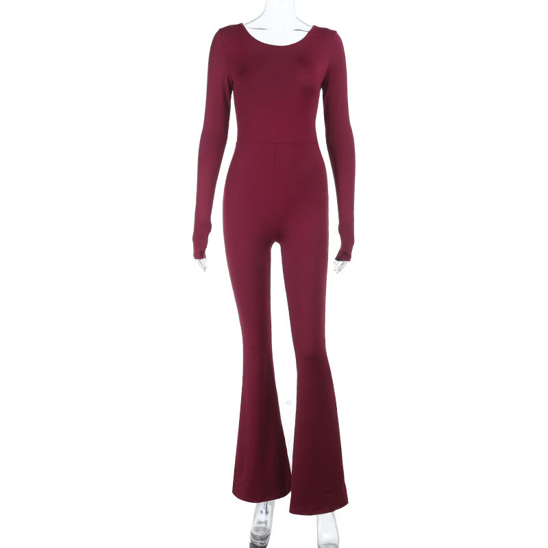 Bodycon Backless Jumpsuit with Long Sleeves and Flared Leg