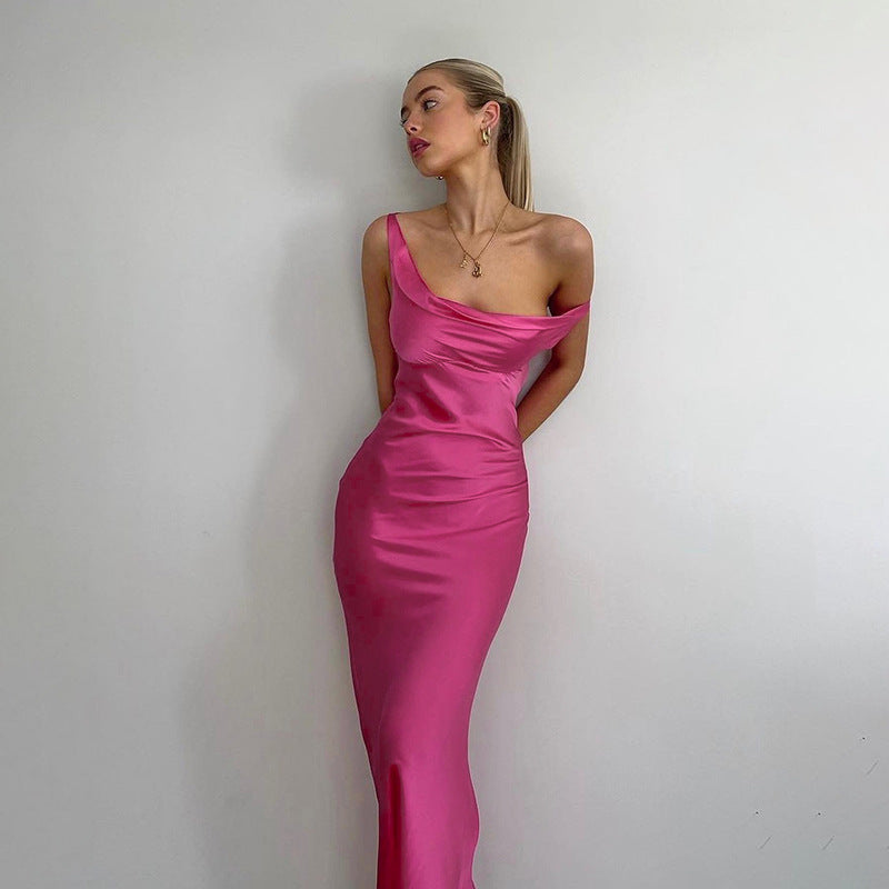 Satin Maxi Dress with Asymmetric Draped Neckline