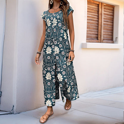 Floral Print Wide-Leg Jumpsuit with Cap Sleeves and Pockets
