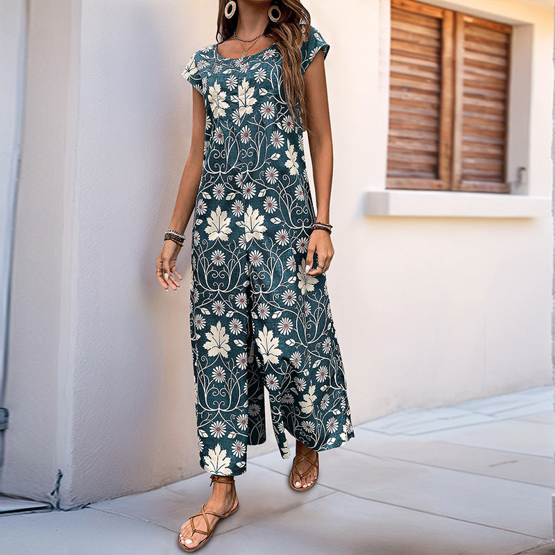 Retro Floral Print Jumpsuit with Wide Legs and Cap Sleeves