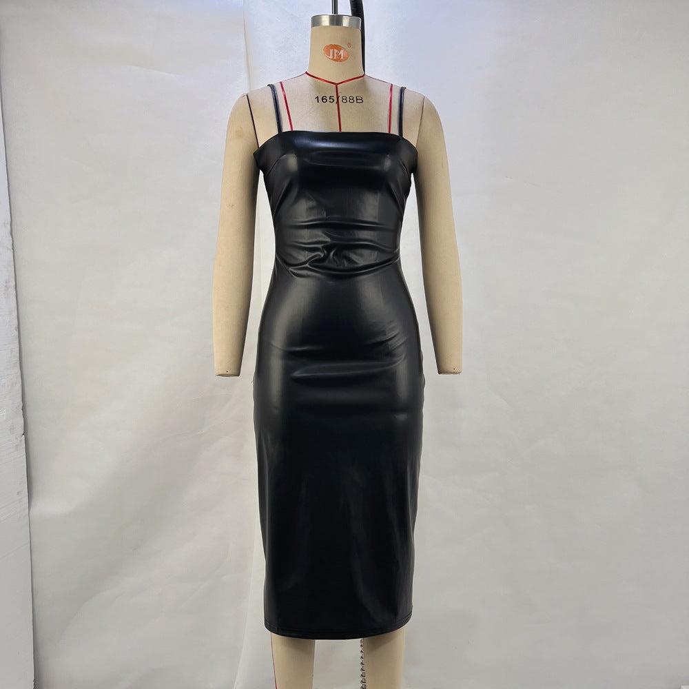 Bodycon Faux Leather Midi Dress with Square Neck