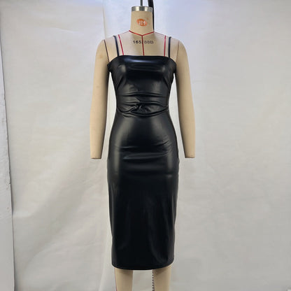 Bodycon Faux Leather Midi Dress with Square Neck