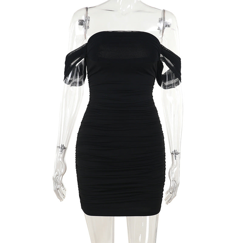 Elegant Pleated Mesh Stitching Shoulder Dress Black