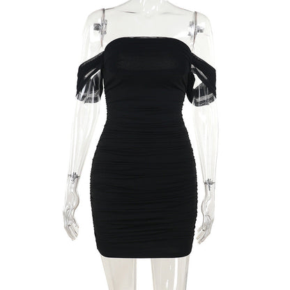 Elegant Pleated Mesh Stitching Shoulder Dress Black