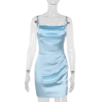 Satin Bodycon Mini Dress with Cowl Neck and Lace-Up Back