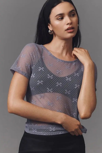 Sheer Bow-Pattern Mesh Top with Crew Neck and Short Sleeves