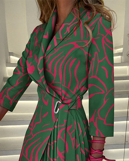 Printed Blazer Wrap Dress with Pleated Midi Skirt