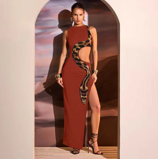 Sleeveless High Waist Snake Print Long Dress Hollow Design