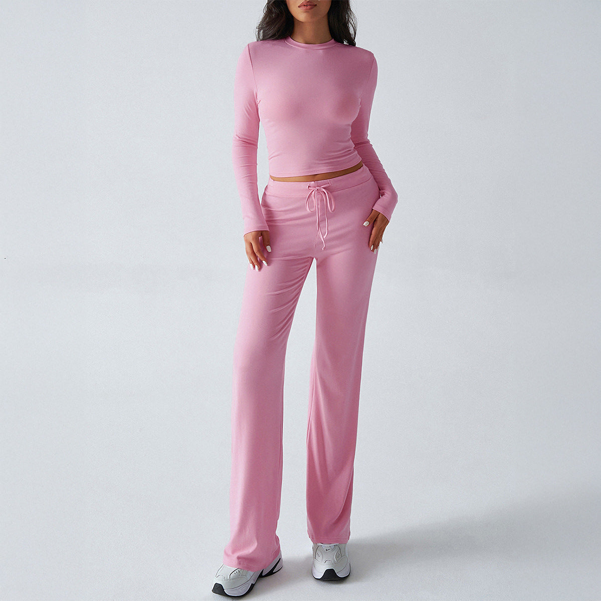 Solid Cropped Long-Sleeve Top & Straight-Leg Pants Loungewear Set