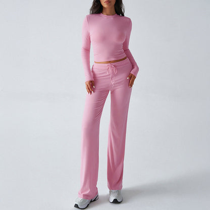 Solid Cropped Long-Sleeve Top & Straight-Leg Pants Loungewear Set