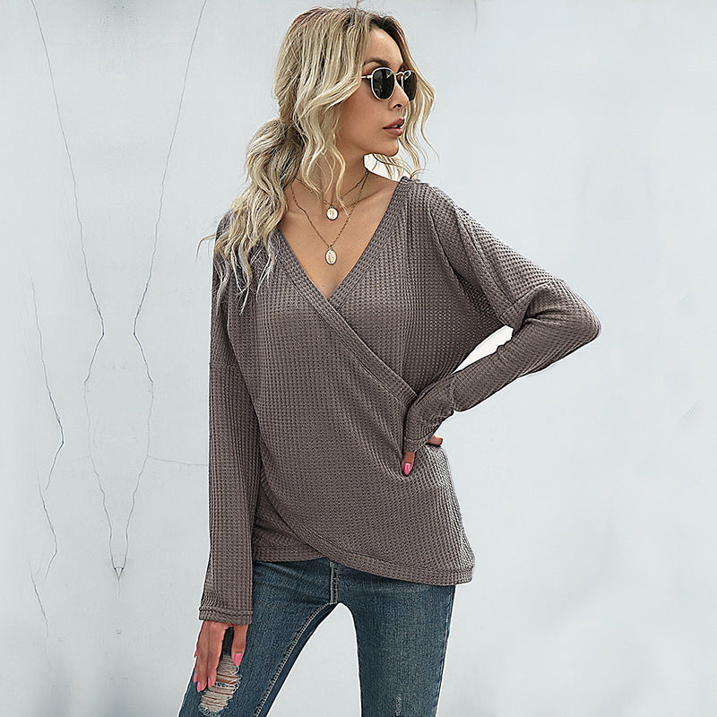 Solid Waffle Knit Wrap Top with Long Sleeves