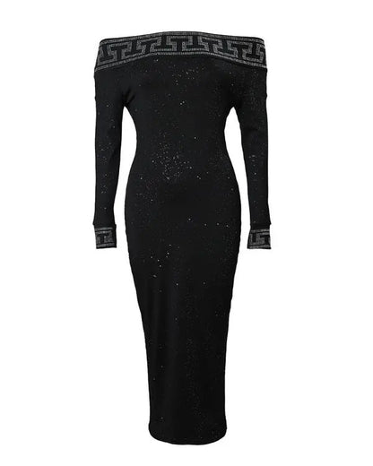 Bodycon Long Sleeve Midi Dress with Off-Shoulder and Sequins